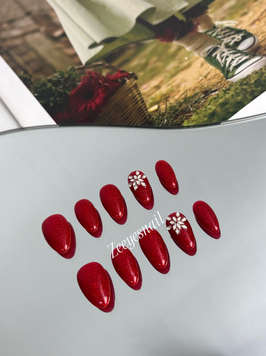 Festive Red Sparkle Almond Press-On Nails with Floral Accents