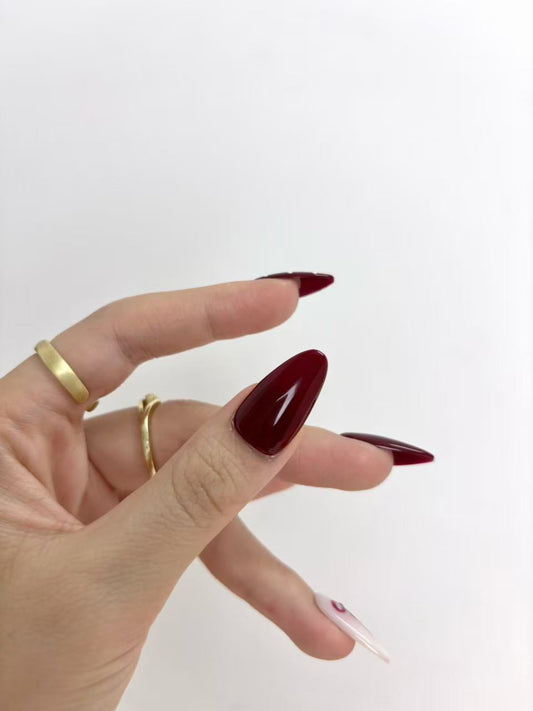 Burgundy Ribbon & Polka Dot Almond Press-On Nails – Elegant Festive Design
