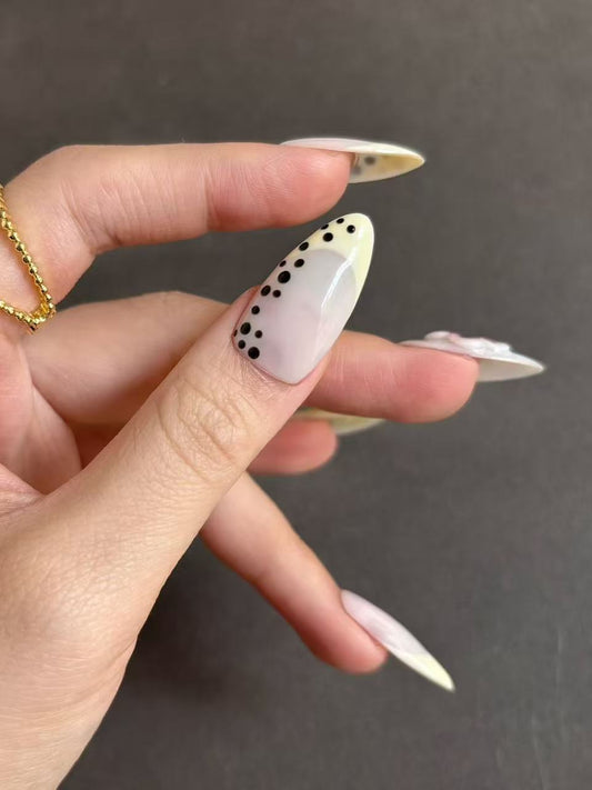Cream Yellow Polka Dot Almond Nails