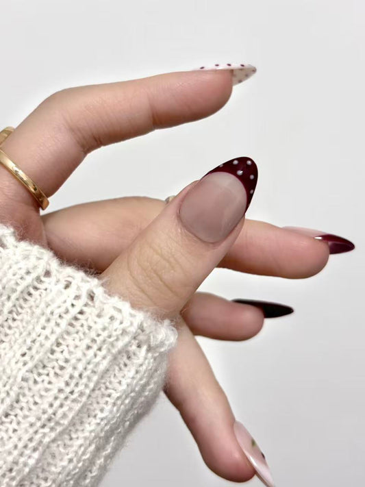 Burgundy Cherry & Polka Dot Almond Press-On Nails – Cute & Stylish Design