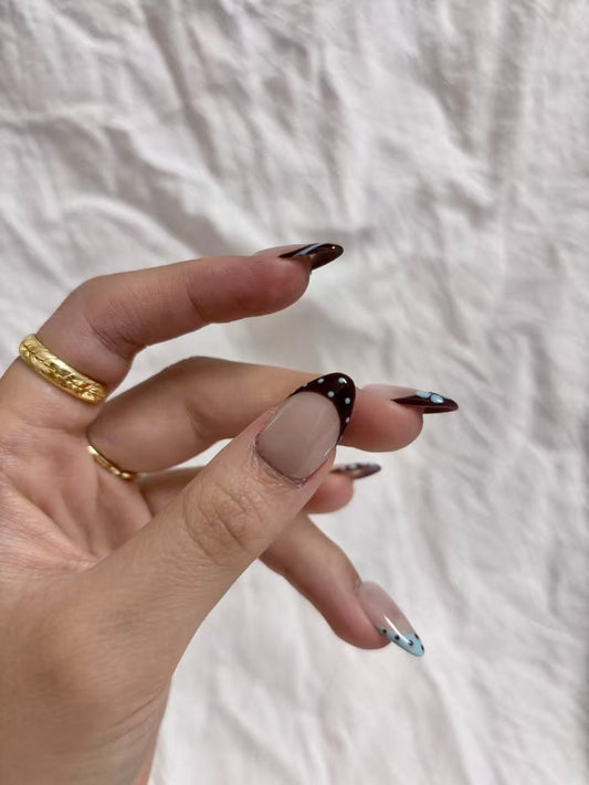 Brown Floral French Press-On Nails – Cute Dot Details & Elegant Retro Style