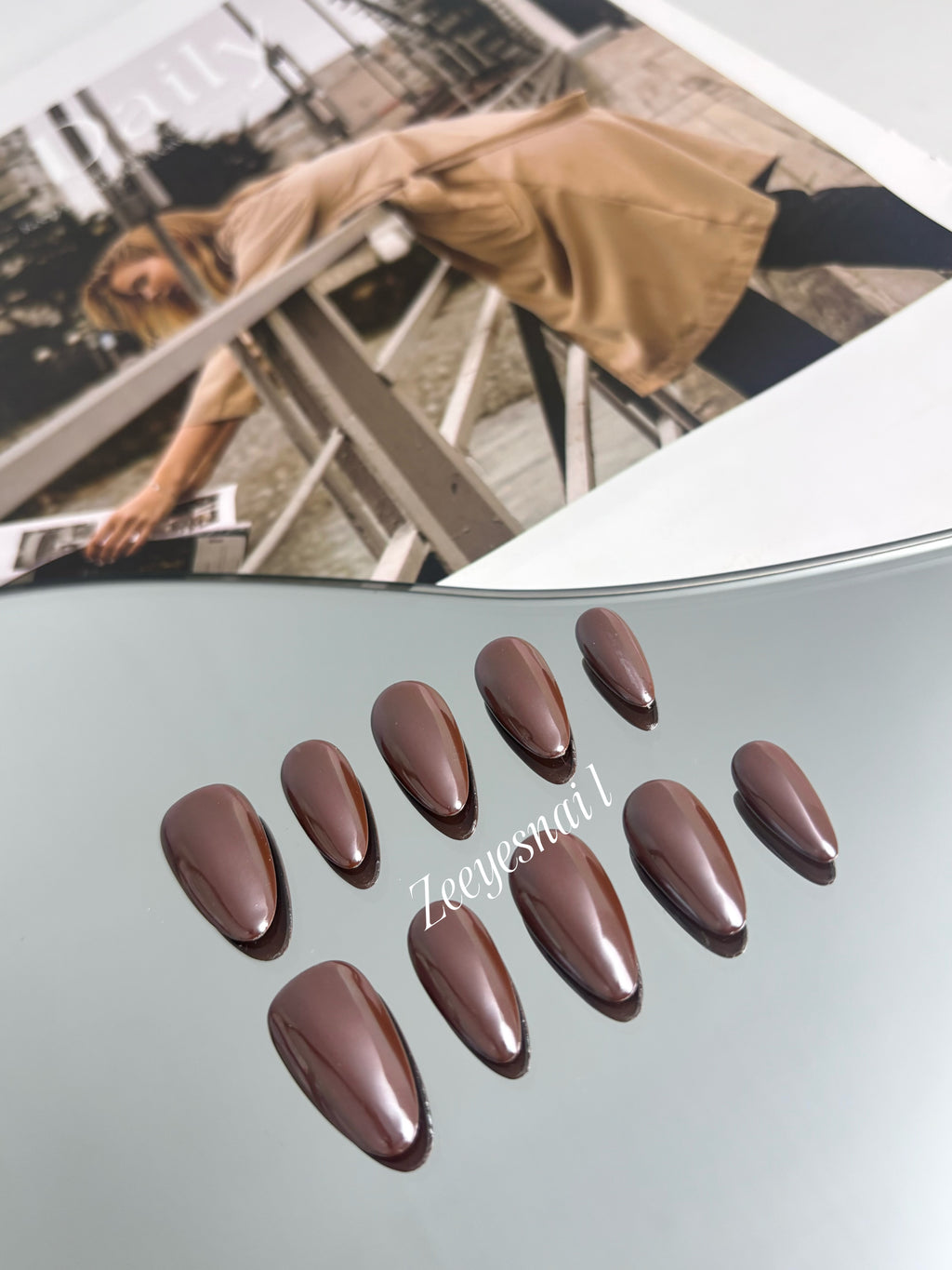Solid Autumn Brown & Chrome Holly Almond Press-On Nails – Chic Seasonal Style