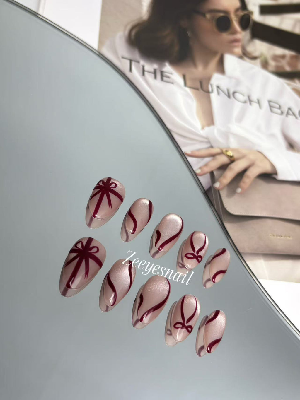 Ribbon Line Almond Press-On Nails – Elegant Shimmer Design