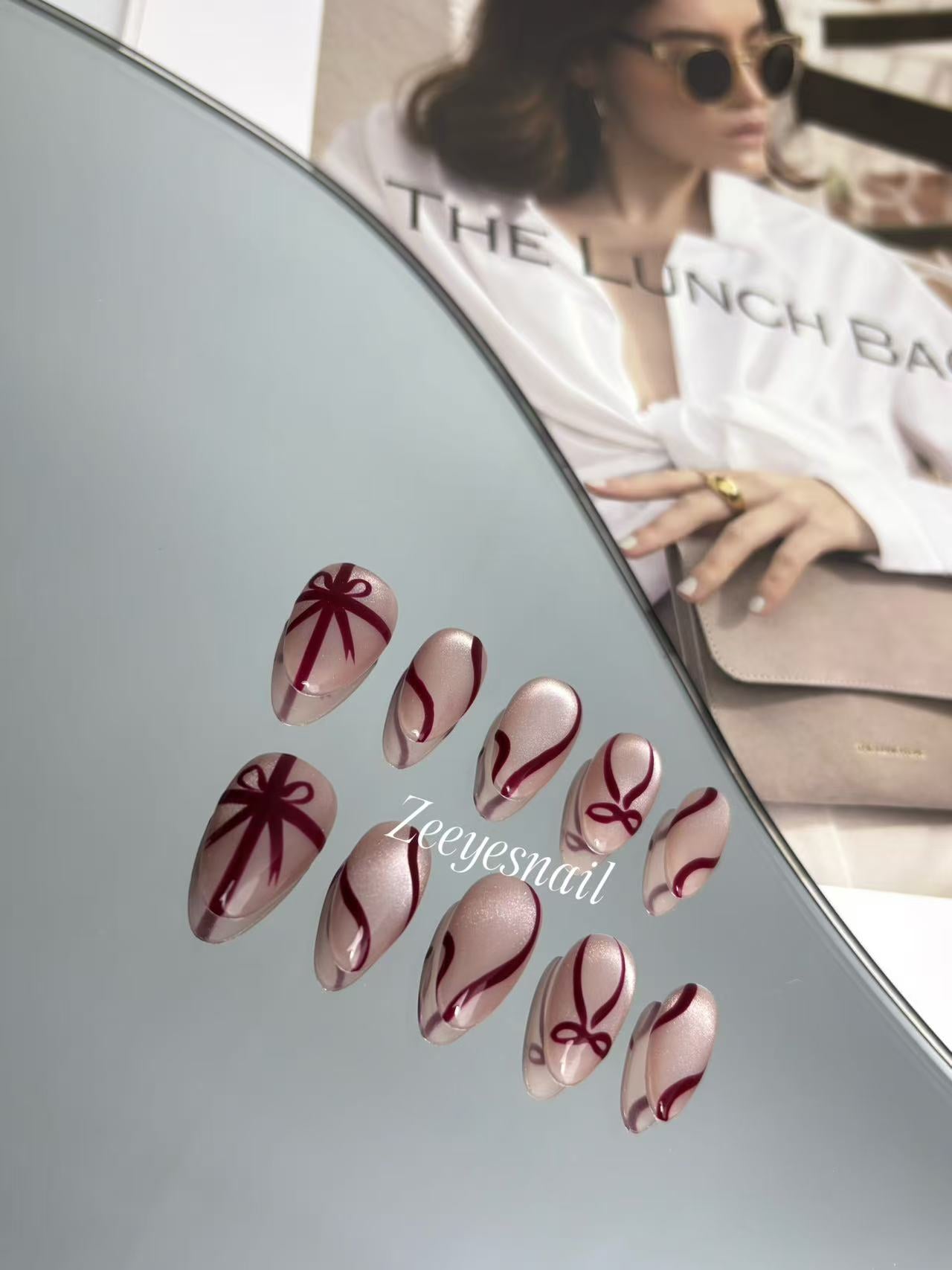 Ribbon Line Almond Press-On Nails – Elegant Shimmer Design