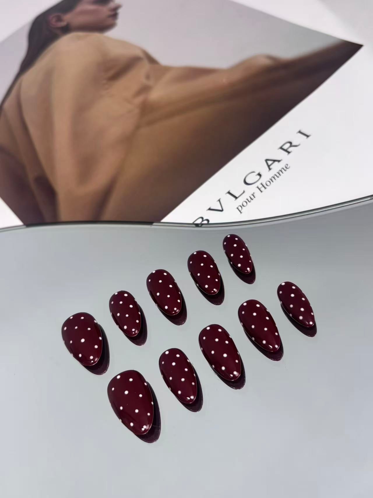 Burgundy Polka Dot Almond Press-On Nails – Retro & Minimal Design