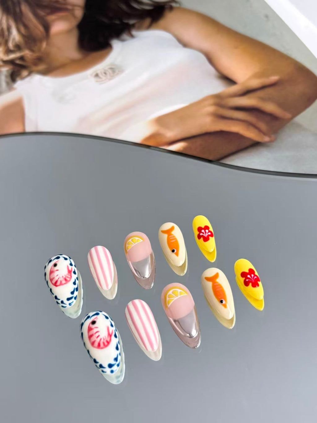 Mixed Art Design Press-On Nails – Fish, Lemon & Stripes