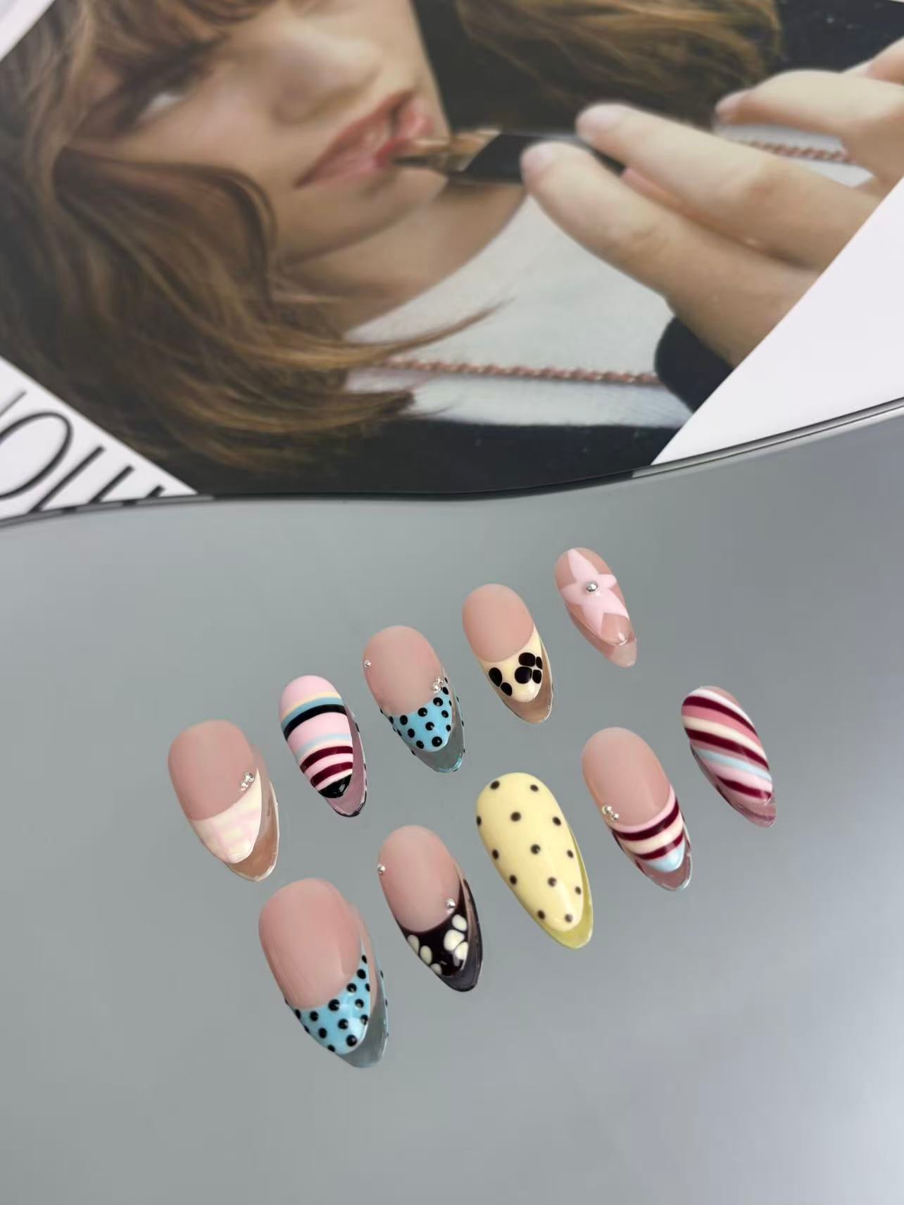Mixed Art Almond Press-On Nails – Stripes, Dots & Color-Block Design