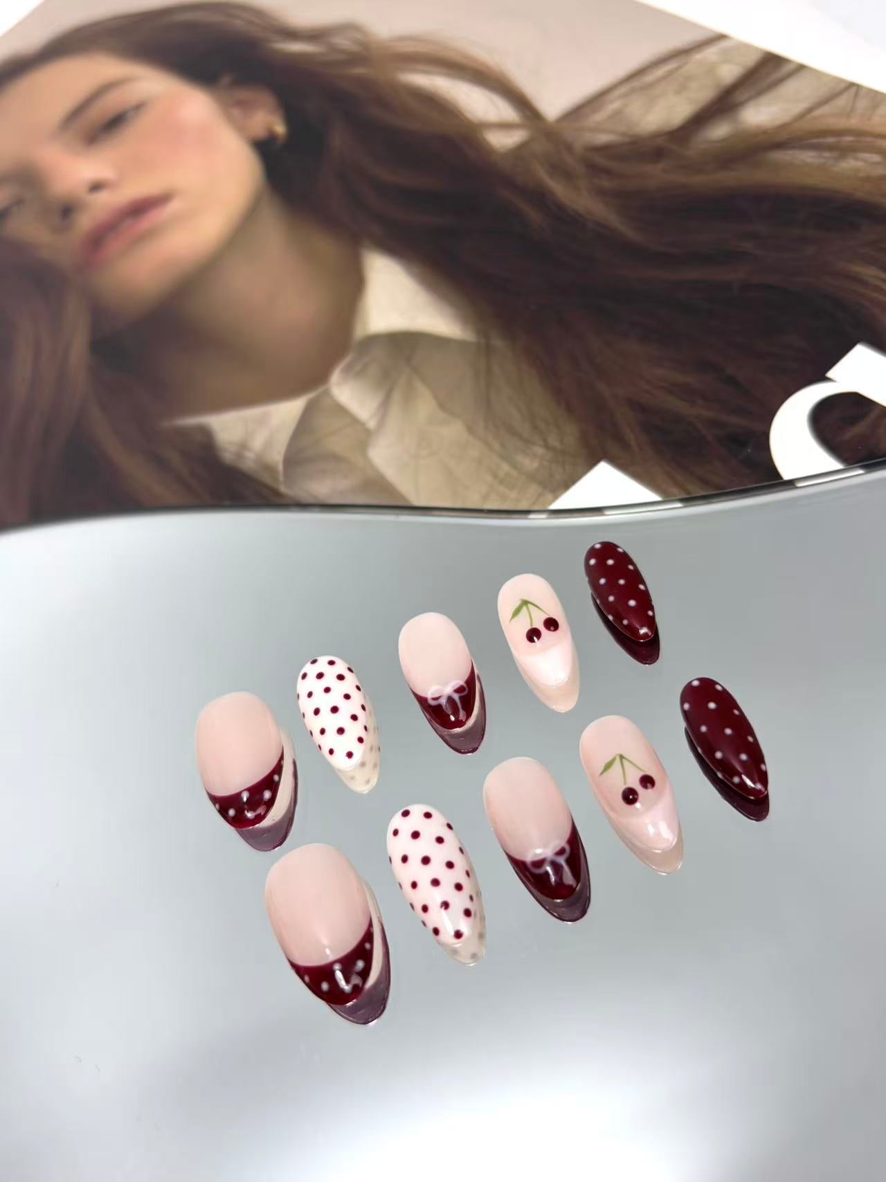 Burgundy Cherry & Polka Dot Almond Press-On Nails – Cute & Stylish Design