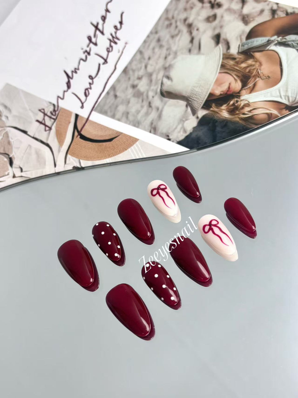 Burgundy Ribbon & Polka Dot Almond Press-On Nails – Elegant Festive Design
