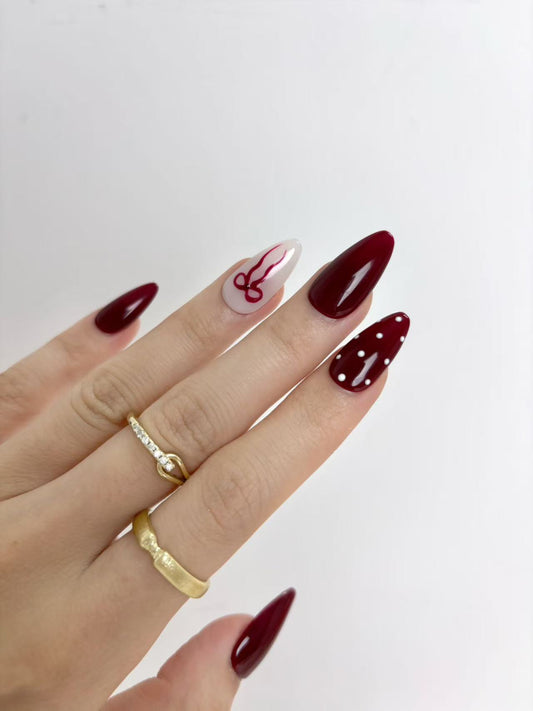 Burgundy Ribbon & Polka Dot Almond Press-On Nails – Elegant Festive Design