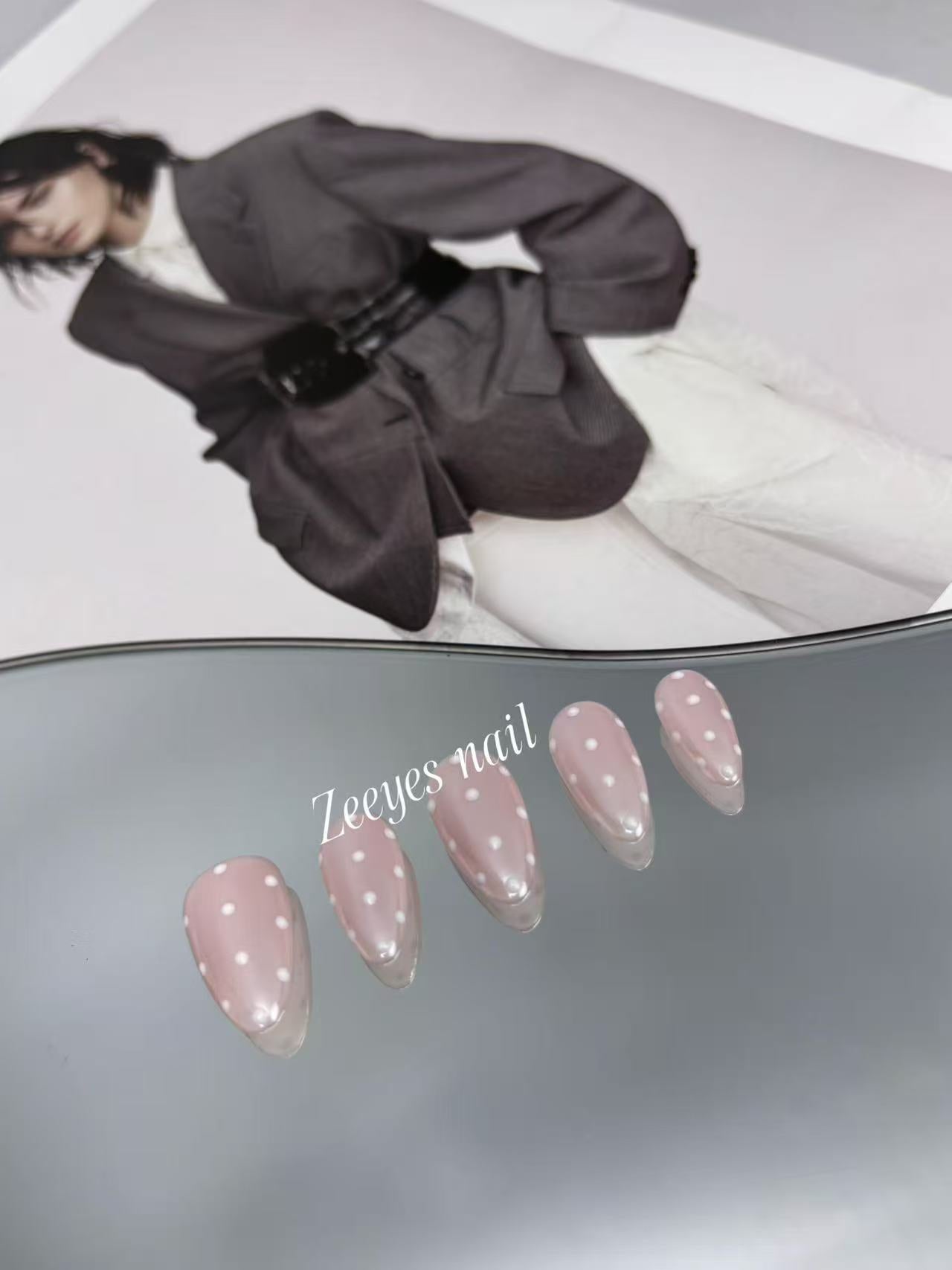 Blush Pink Polka Dot Short Almond Nails