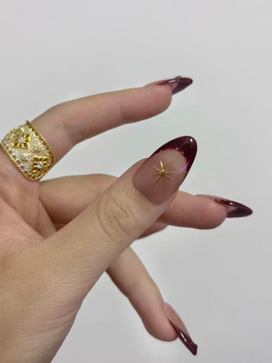 Burgundy French Almond Nails with Gold Accents