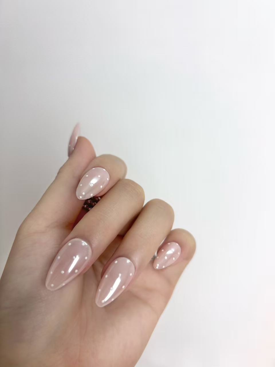 Blush Pink Polka Dot Short Almond Nails