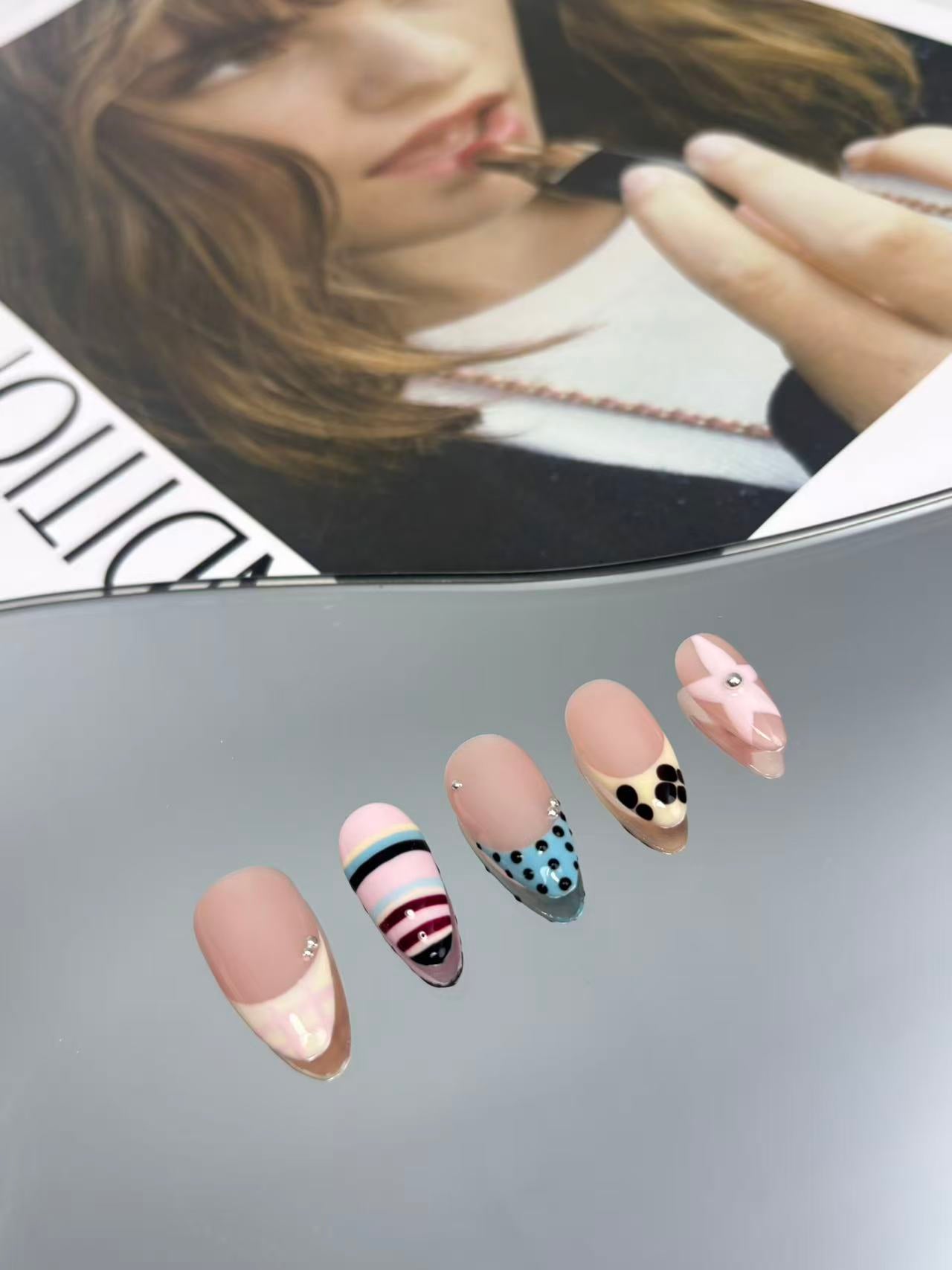 Mixed Art Almond Press-On Nails – Stripes, Dots & Color-Block Design