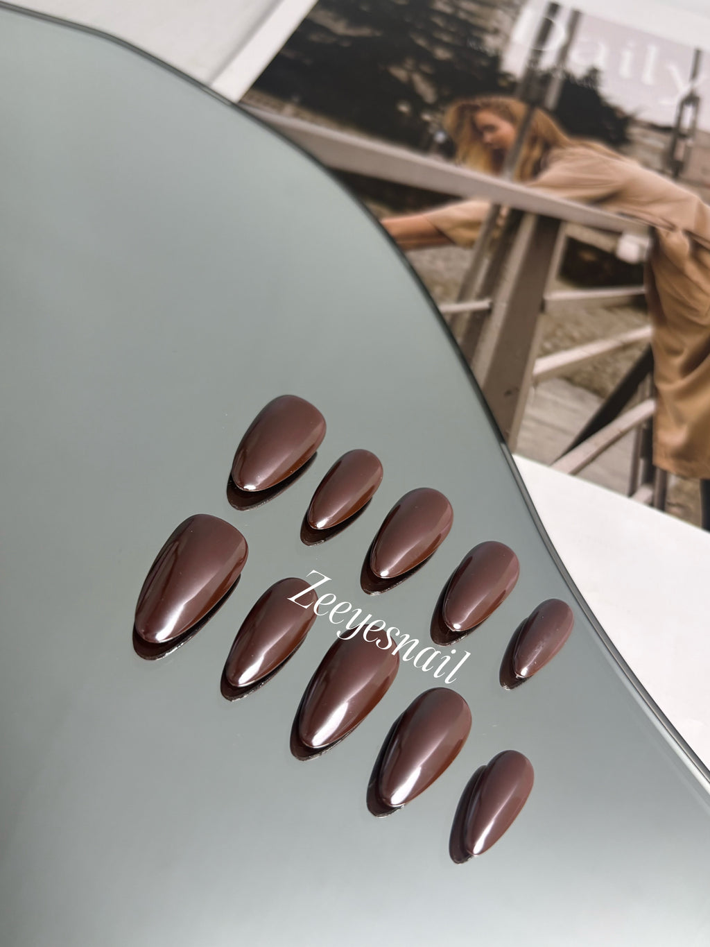 Solid Autumn Brown & Chrome Holly Almond Press-On Nails – Chic Seasonal Style