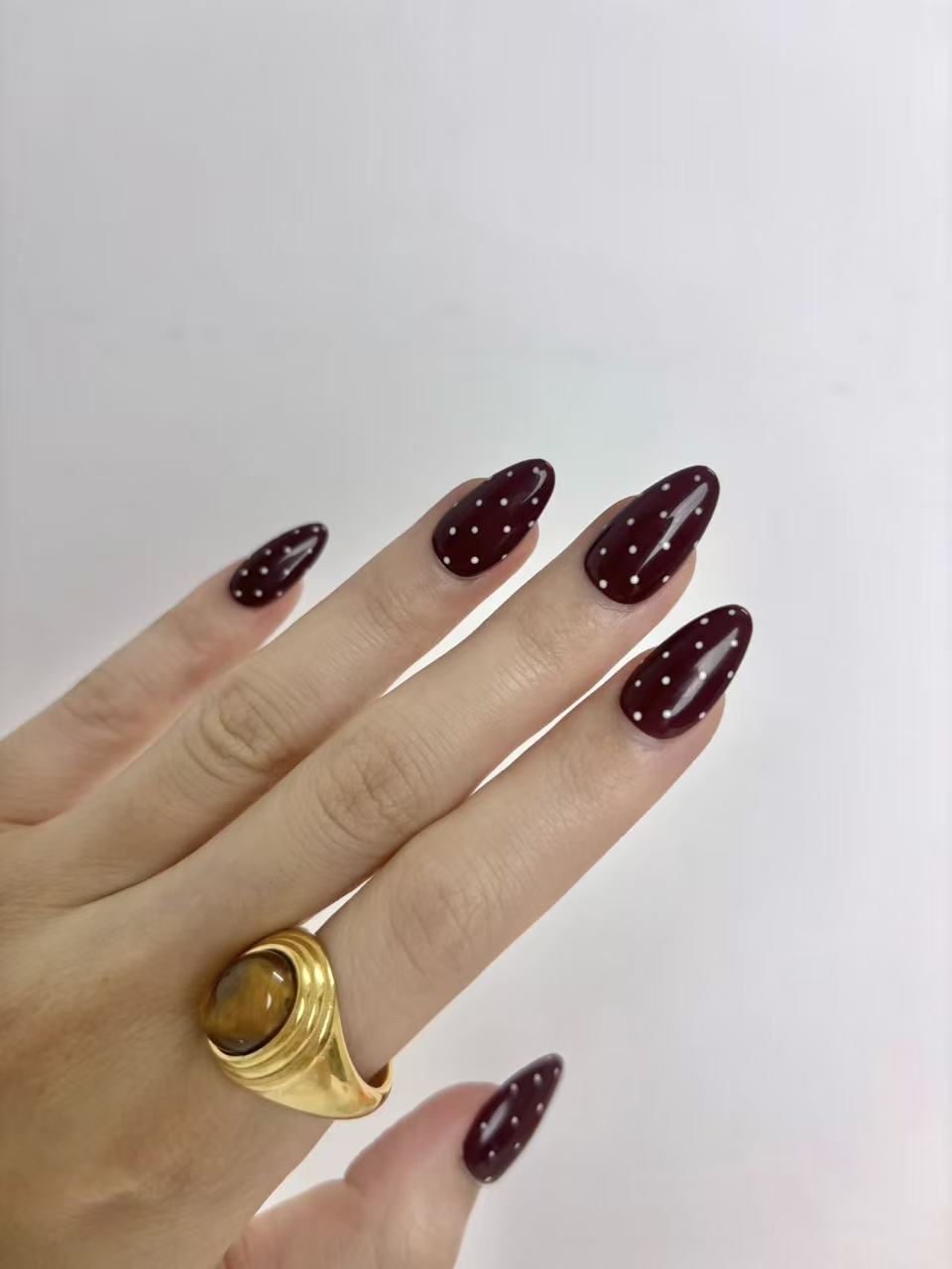Burgundy Polka Dot Almond Press-On Nails – Retro & Minimal Design
