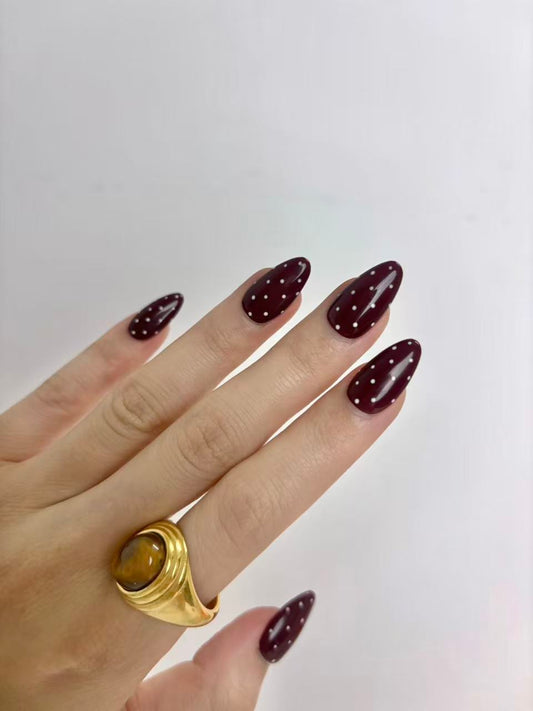 Burgundy Polka Dot Almond Press-On Nails – Retro & Minimal Design