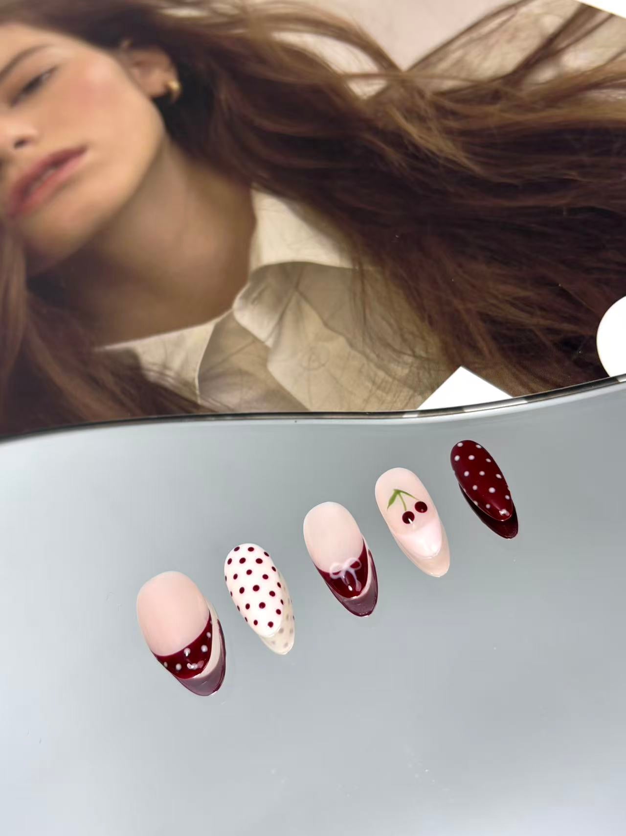 Burgundy Cherry & Polka Dot Almond Press-On Nails – Cute & Stylish Design