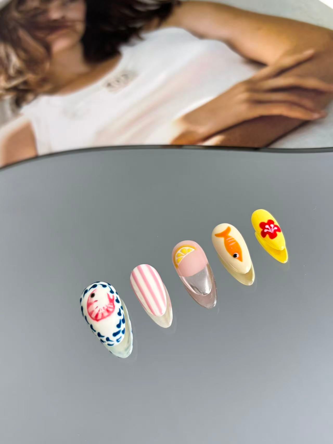 Mixed Art Design Press-On Nails – Fish, Lemon & Stripes