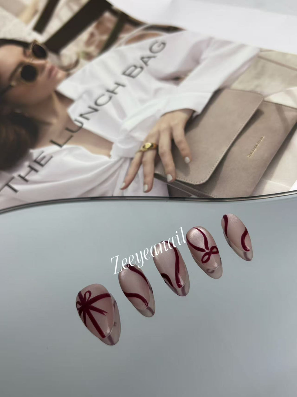 Ribbon Line Almond Press-On Nails – Elegant Shimmer Design