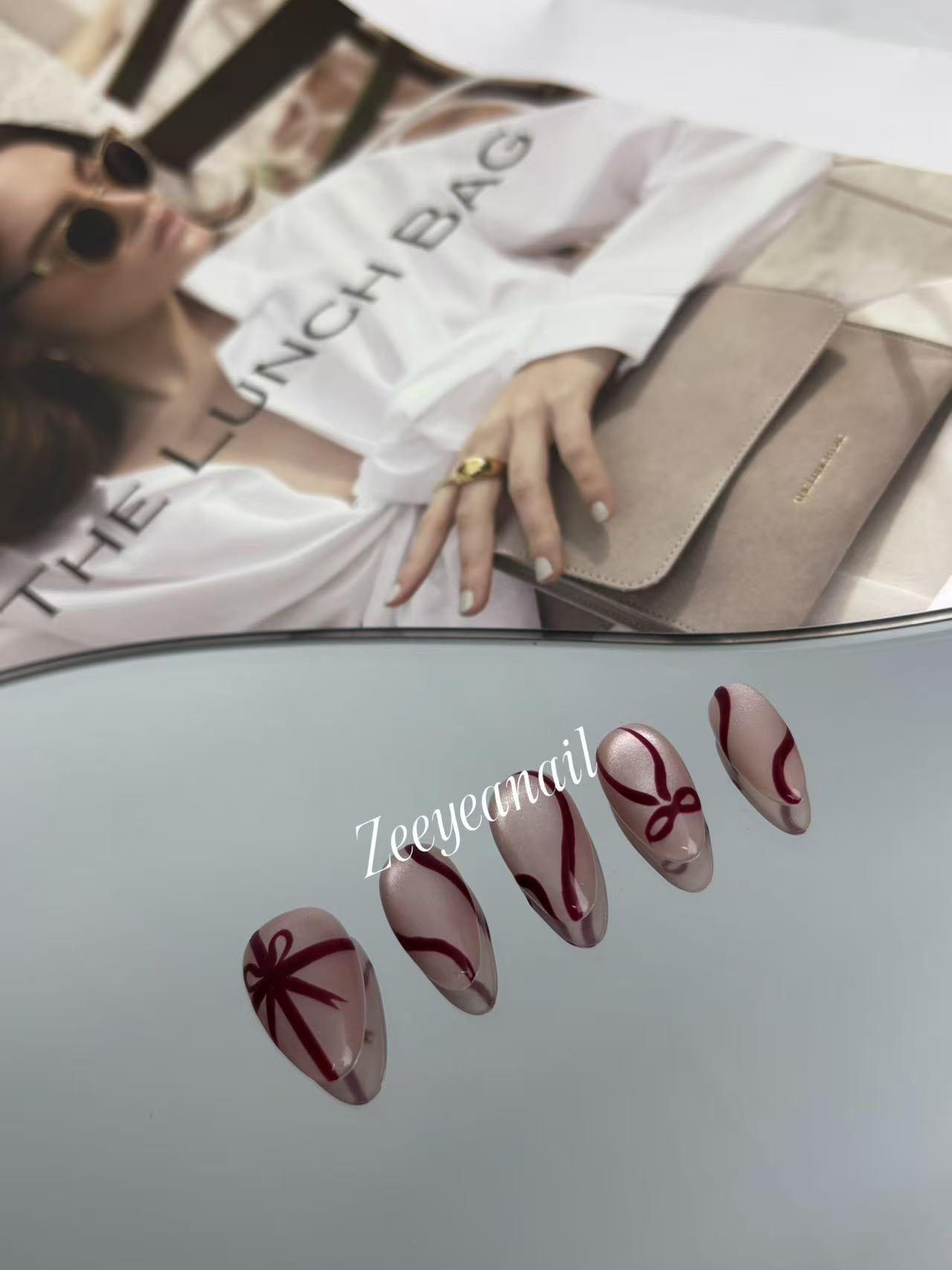 Ribbon Line Almond Press-On Nails – Elegant Shimmer Design