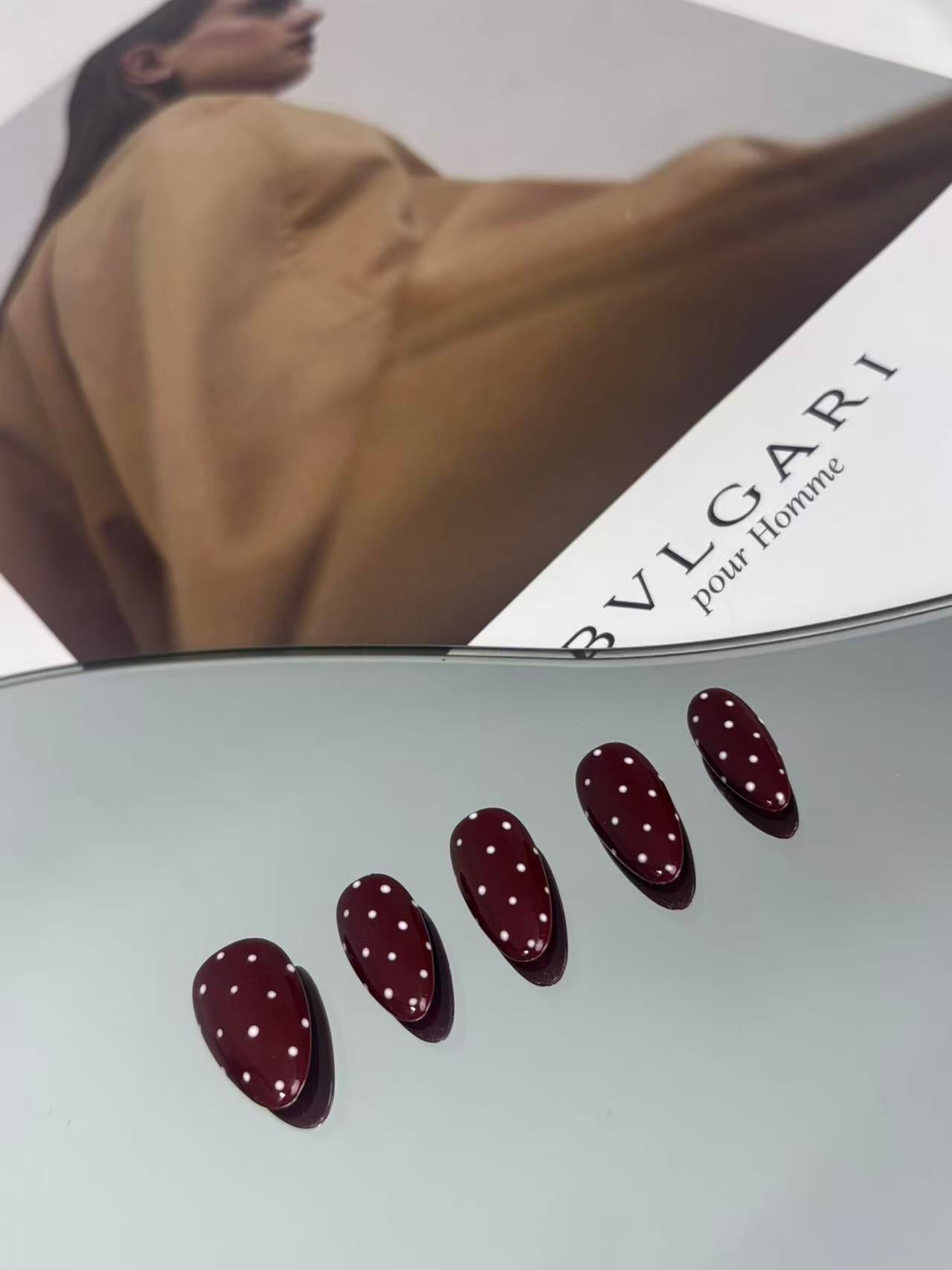 Burgundy Polka Dot Almond Press-On Nails – Retro & Minimal Design