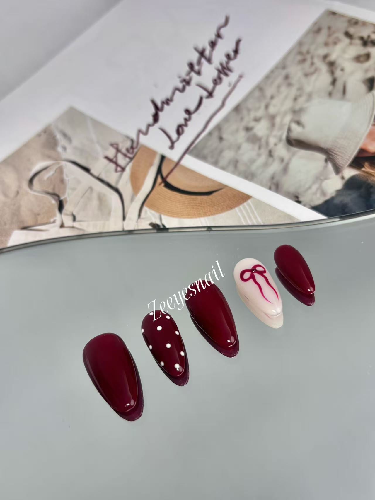 Burgundy Ribbon & Polka Dot Almond Press-On Nails – Elegant Festive Design