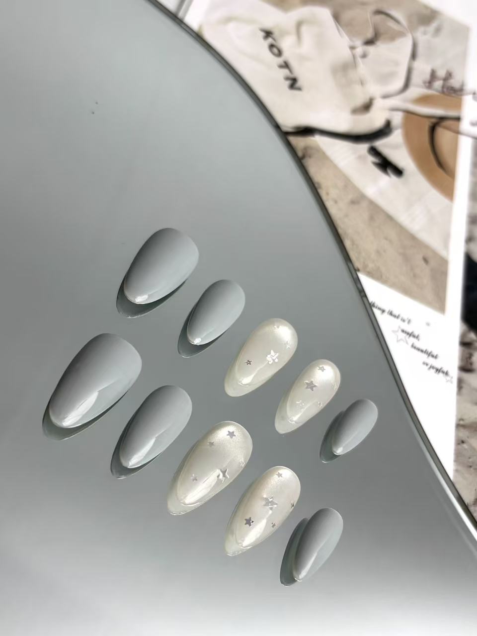 Grey Blue & Pearl Almond Nails with Silver Stars