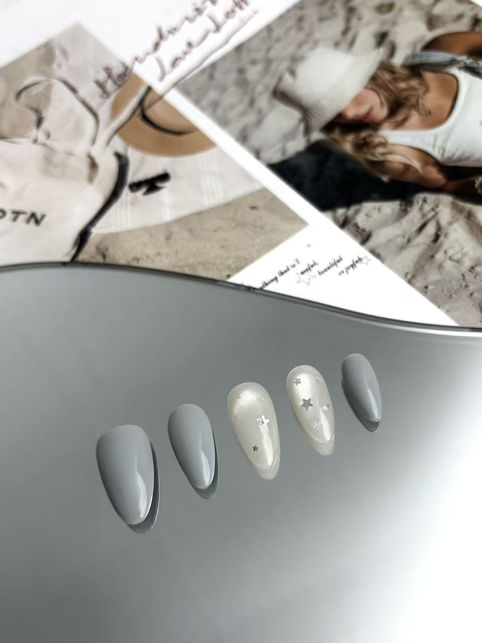 Grey Blue & Pearl Almond Nails with Silver Stars