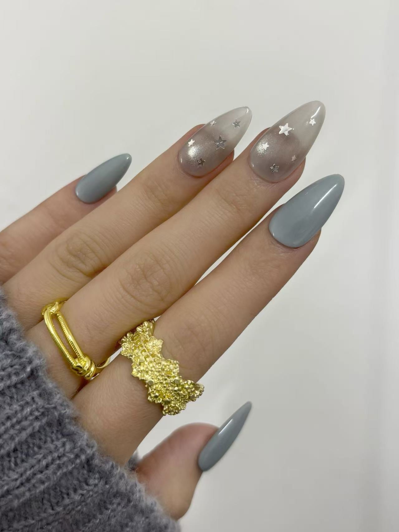 Grey Blue & Pearl Almond Nails with Silver Stars