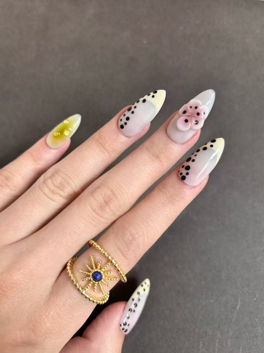 Cream Yellow Polka Dot Almond Nails