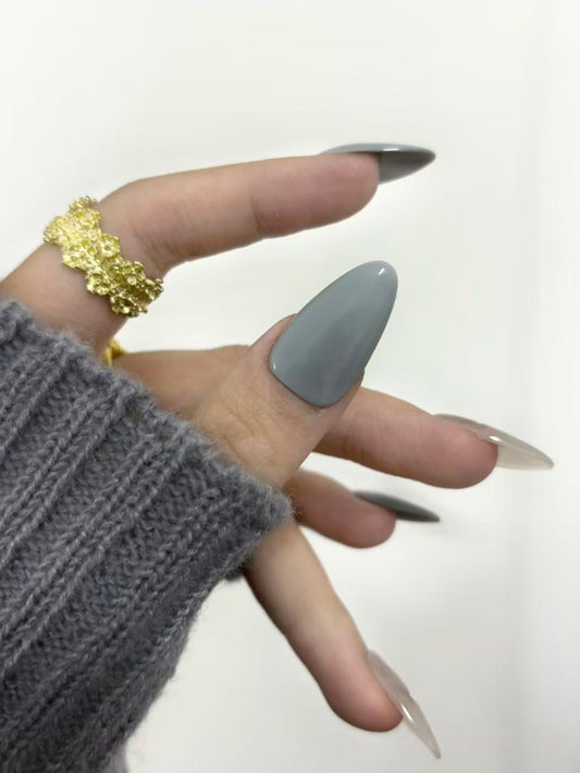 Grey Blue & Pearl Almond Nails with Silver Stars