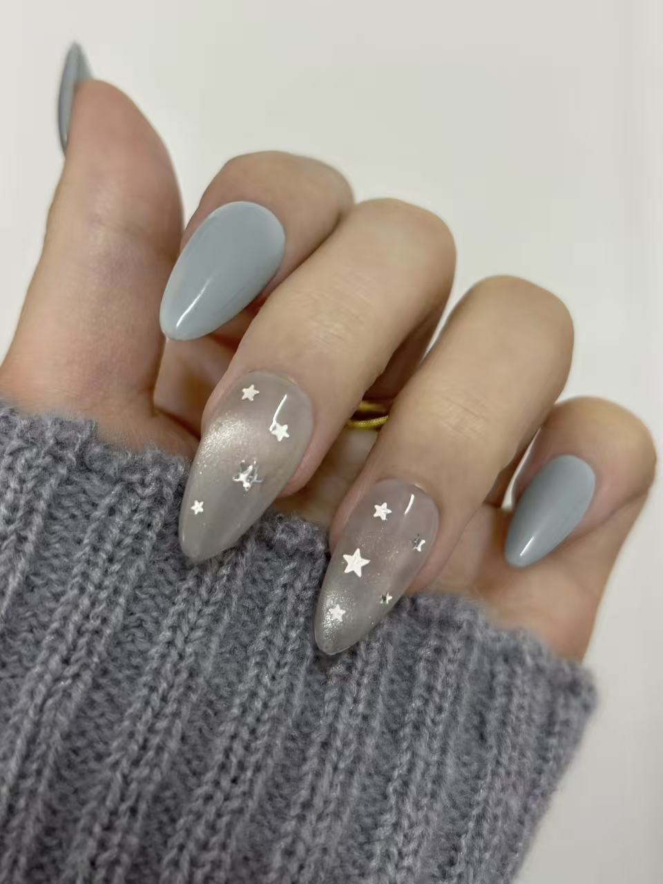 Grey Blue & Pearl Almond Nails with Silver Stars