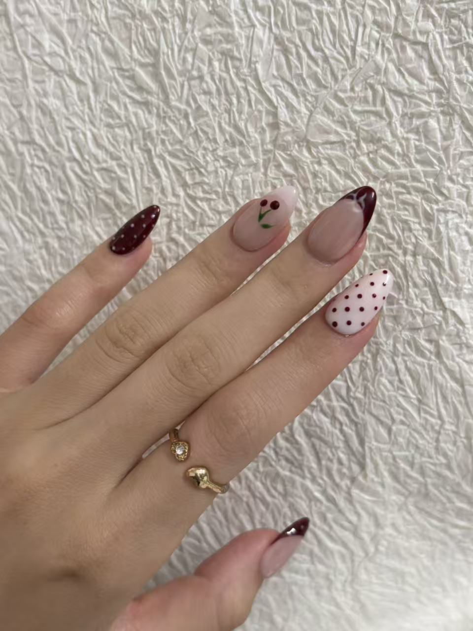 Burgundy Cherry & Polka Dot Almond Press-On Nails – Cute & Stylish Design