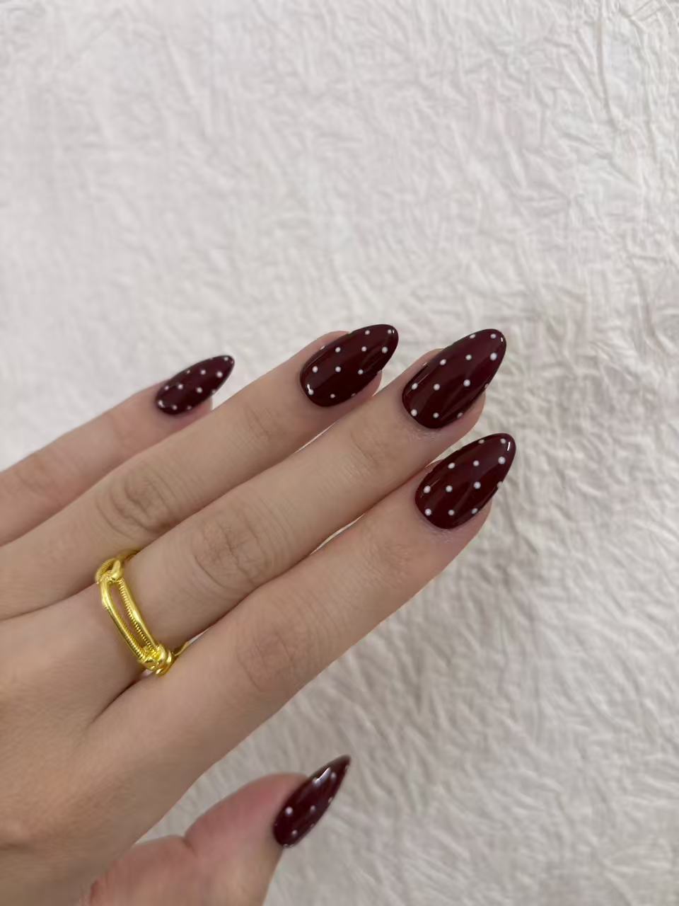Burgundy Polka Dot Almond Press-On Nails – Retro & Minimal Design