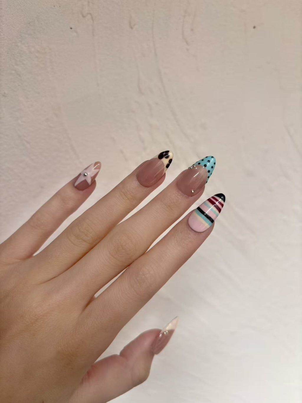 Mixed Art Almond Press-On Nails – Stripes, Dots & Color-Block Design