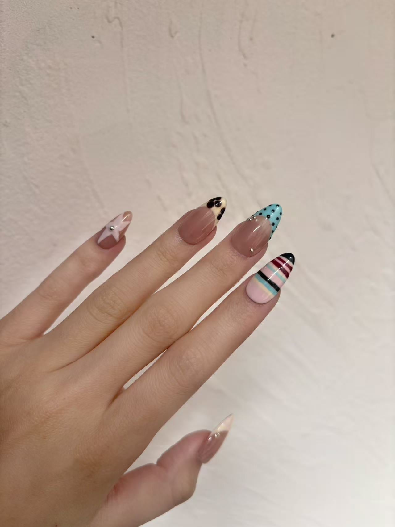 Mixed Art Almond Press-On Nails – Stripes, Dots & Color-Block Design