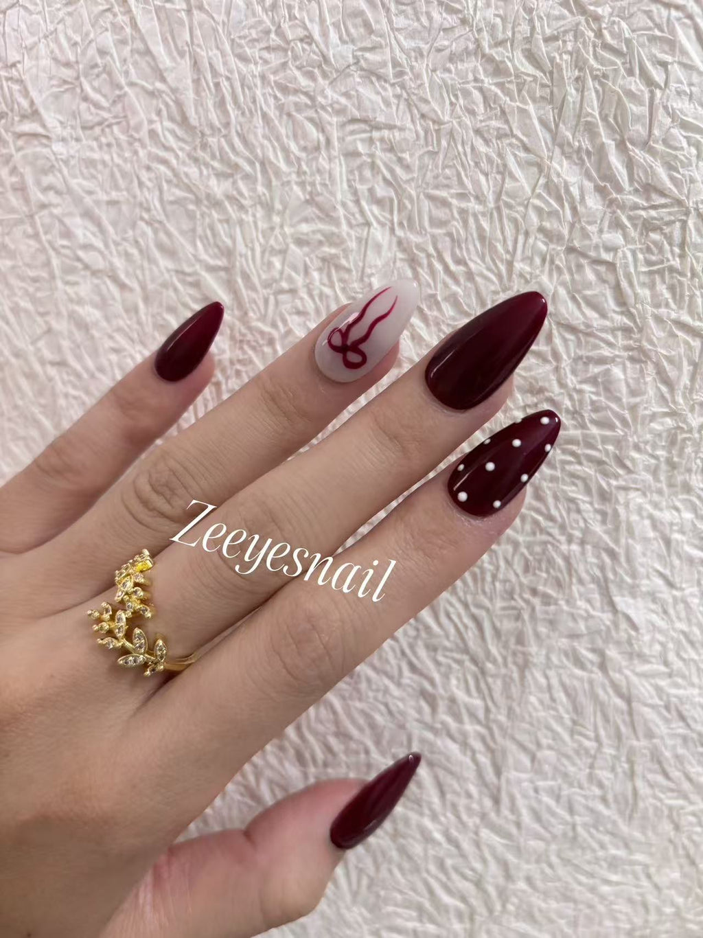 Burgundy Ribbon & Polka Dot Almond Press-On Nails – Elegant Festive Design