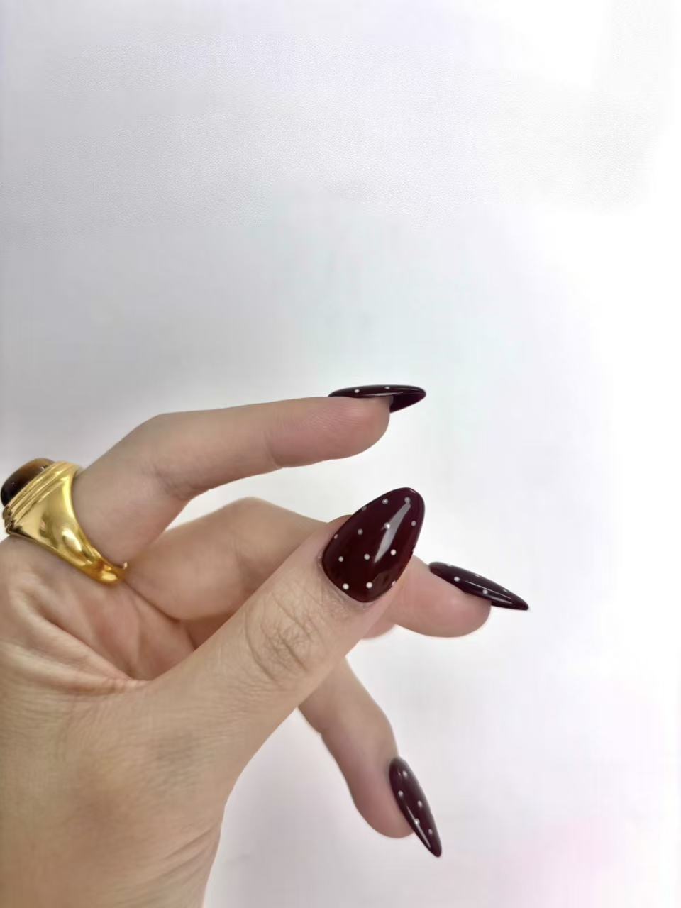 Burgundy Polka Dot Almond Press-On Nails – Retro & Minimal Design