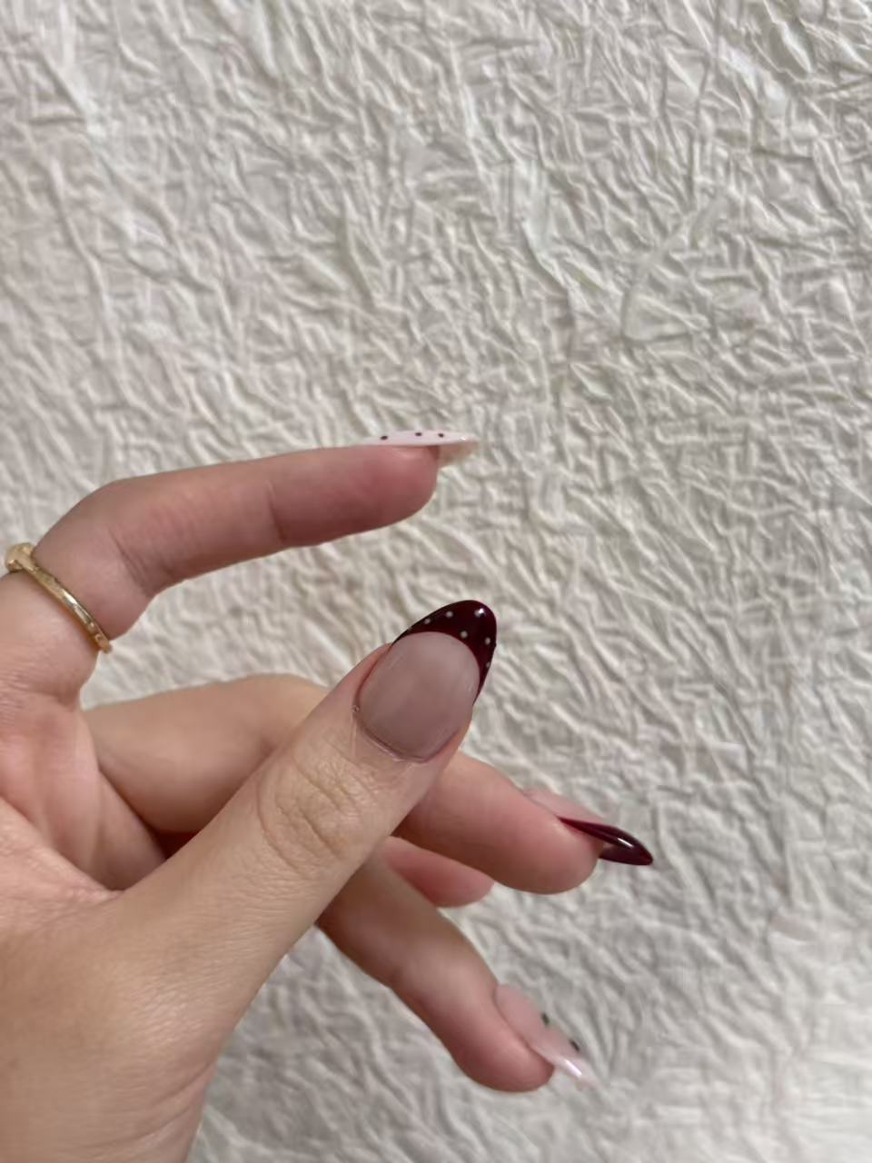 Burgundy Cherry & Polka Dot Almond Press-On Nails – Cute & Stylish Design