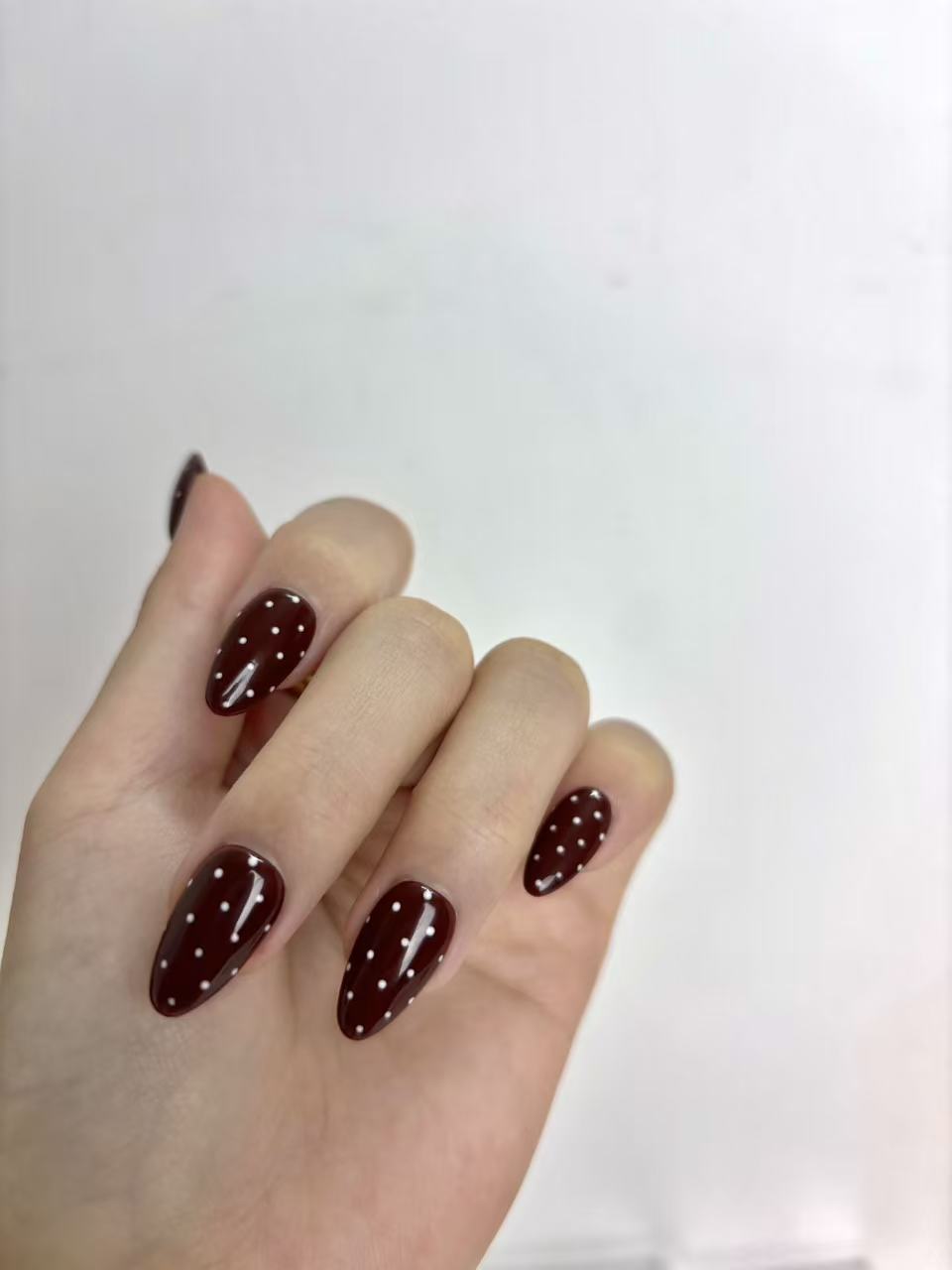 Burgundy Polka Dot Almond Press-On Nails – Retro & Minimal Design