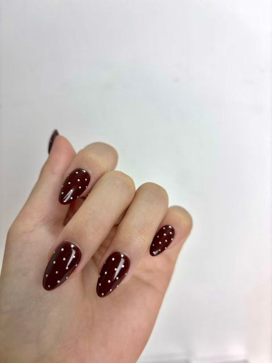 Burgundy Polka Dot Almond Press-On Nails – Retro & Minimal Design