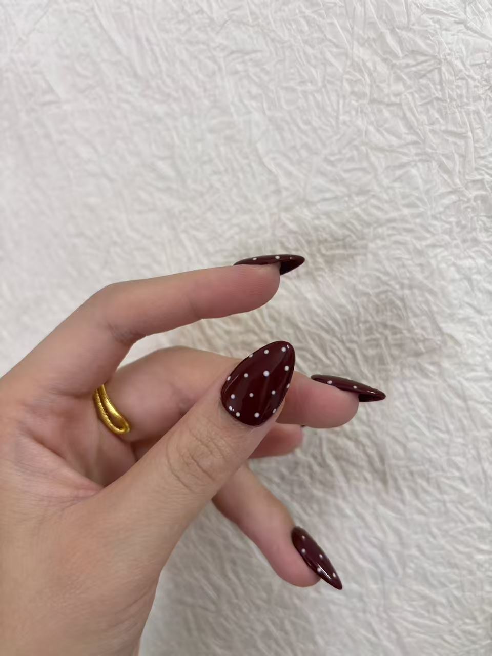 Burgundy Polka Dot Almond Press-On Nails – Retro & Minimal Design