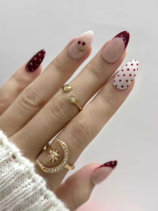 Burgundy Cherry & Polka Dot Almond Press-On Nails – Cute & Stylish Design