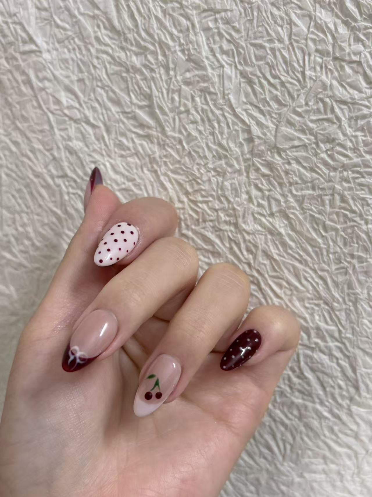 Burgundy Cherry & Polka Dot Almond Press-On Nails – Cute & Stylish Design
