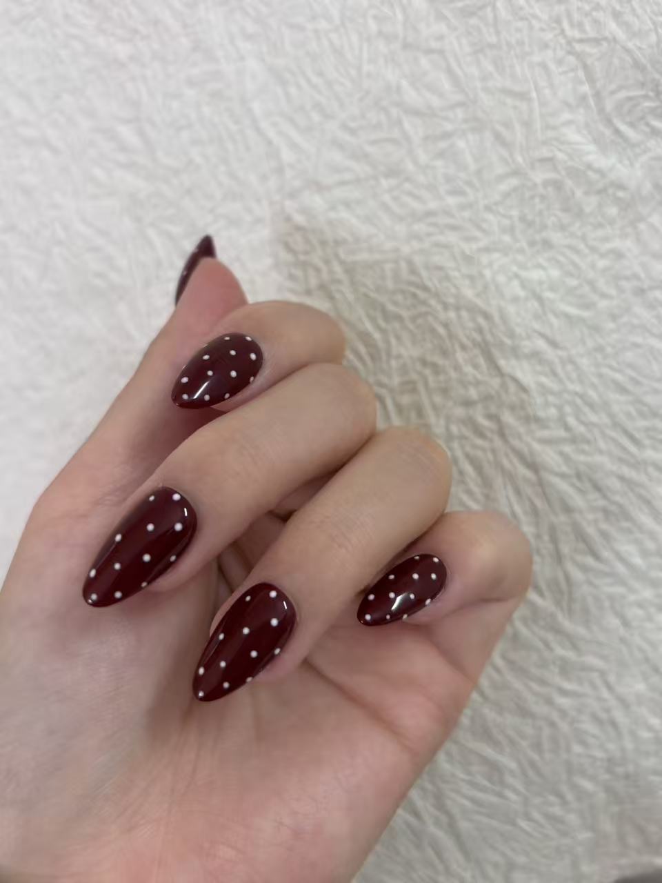 Burgundy Polka Dot Almond Press-On Nails – Retro & Minimal Design